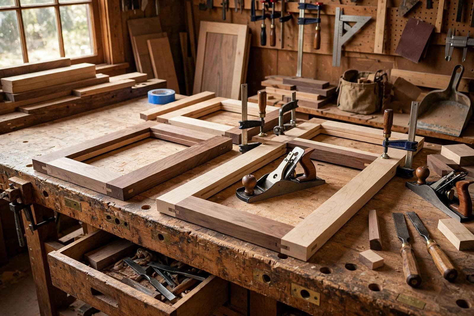 Cabinet door frames in progress on a workbench