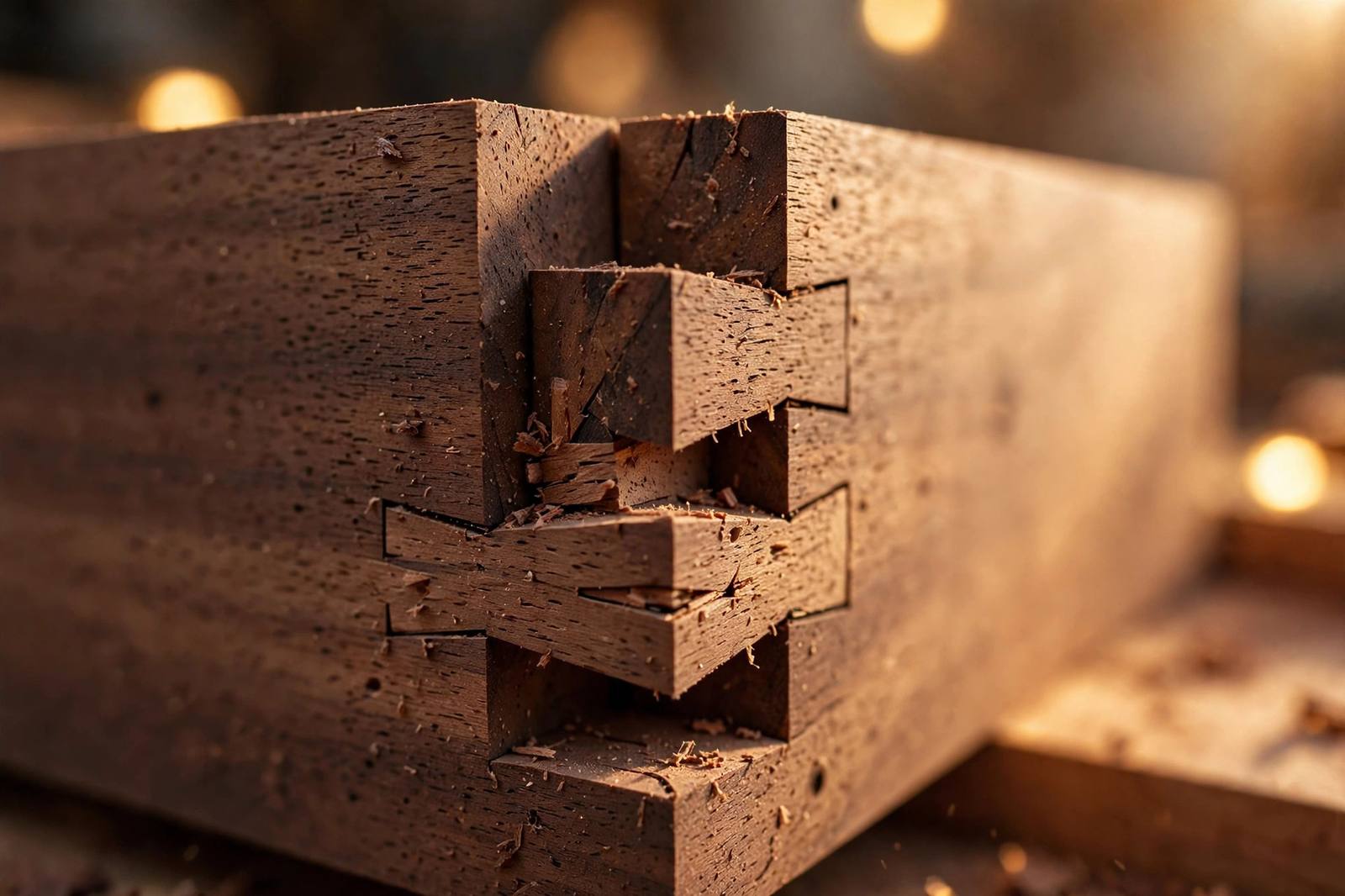 Hand-cut dovetail joint in walnut